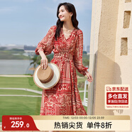 尚都比拉春秋中長(cháng)款印花紅色連衣裙氣質(zhì)女神范顯瘦度假裙子 紅花 S 