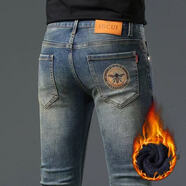 MARCO AZZALI高端品牌懷舊色牛仔褲男秋冬季歐洲站潮牌小直筒褲子加絨加厚長(cháng)褲 懷舊藍色加絨 35 建議160-170斤