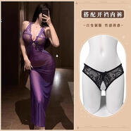 欲欲一試唯美蕾絲魚(yú)尾長(cháng)裙性感睡衣深V拼接家居辣妹高級感吊帶連衣裙 紫色+開(kāi)檔內褲 M  建議 （80-140斤）