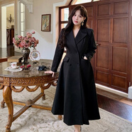 大碼女裝高級感赫本顯瘦黑色毛呢外套胖mm長(cháng)款收腰大衣 黑色 2XL