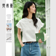 梵希蔓時(shí)尚貼花圓領(lǐng)短袖T恤女2025年夏季新款寬松荷葉袖純色上衣 A1550 云朵白 XL