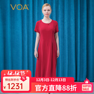VOA30姆米重磅真絲圓領(lǐng)短袖釘珠不對稱(chēng)褶皺宴會(huì )桑蠶絲連衣裙 AE903 紅葉情(H03) M