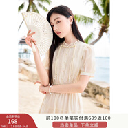香影新中式國風(fēng)盤(pán)扣連衣裙女2025夏季新款重工刺繡泡泡袖收腰裙子 米色 M