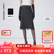 朗姿高智感黑色網(wǎng)紗蕾絲拼接半身裙綿羊毛裙子2026年春季新款 中灰色 L