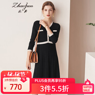 兆君秋冬撞色V領(lǐng)中長(cháng)款休閑羊絨裙女 修身百搭打底針織連衣裙 午夜黑 S