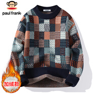 大嘴猴（paul frank）毛衣男士格子拼色針織衫男冬季保暖厚款毛線(xiàn)衣外套 藏青加絨 XL