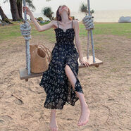 小紅書(shū)小眾絕美黑色碎花雪紡吊帶洋裝女夏超火好看度假沙灘長(cháng) 黑色 XL XL121-135斤