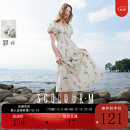 三彩【100棉】2025秋季新款法式方領(lǐng)連衣裙高腰A字大擺長(cháng)裙M 米白色花卉 S 155/80A