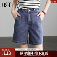 歐莎（OSA）薄款小個(gè)子白色外穿高腰直筒牛仔褲短褲a字版型女夏季新款 牛仔藍色 S