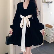 依樂(lè )琦在逃復古絲絨小黑裙秋冬大碼胖mm顯瘦小個(gè)子減齡蝴蝶結短裙裙 黑色 M 【85-105斤】