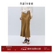 納薇（naivee）【100%醋酸】商場(chǎng)同款25夏流光中長(cháng)半身裙松緊腰 金色 S