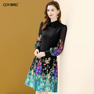 歐迪鳥(niǎo)（ODYBIRD）名媛氣質(zhì)印花連衣裙女2025秋季新款設計感翻領(lǐng)寬松顯瘦A字裙 黑色 2XL