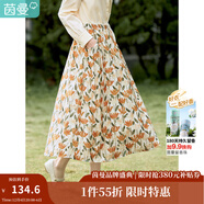 茵曼（INMAN）2025春秋女新款田園復古印花彈力松緊腰遮肉A字半身裙18314120 黃綠色 M