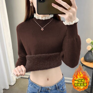 KJ秋冬新款加絨加厚一體絨針織毛衣女蕾絲半高領(lǐng)精致百搭保暖上衣 咖色 M 建議90-100斤