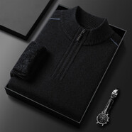 花花公子（PLAYBOY）絨衫秋冬季男士長(cháng)袖貂絨衫半拉煉加絨毛衣 黑色 2XL