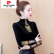 皮爾卡丹（pierre cardin）金絲絨打底衫女裝秋冬2025新款加絨加厚高領(lǐng)長(cháng)袖T恤網(wǎng)紗繡花上衣 黑色 S