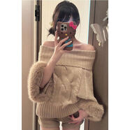 嫻汶氣質(zhì)感袖口彷狐貍毛一字肩針織毛衣女秋冬麻花蝙蝠袖套頭上衣 卡其色高質(zhì)量款 S S建議40-50公斤