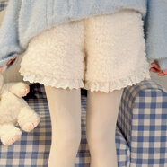森女部落甜美軟妹羊羔毛保暖加絨短褲女蕾絲花邊百搭高腰休閑褲冬 白色褲子 S 模特碼