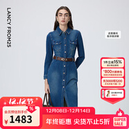 朗姿法式復古棉質(zhì)顯瘦牛仔裙新款長(cháng)袖連衣裙氣質(zhì)洋氣高級感女裝 艦隊藍色 S