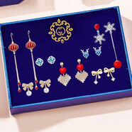 ?，斝驴頢925銀針耳釘新年套裝氣質(zhì)耳環(huán)禮盒送女友生日圣誕節禮物 新春喜慶耳釘七件套裝二