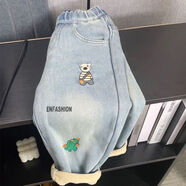 潮思匯加絨加厚牛仔褲2025秋冬百搭男女童韓版休閑褲寶寶一體絨長(cháng)褲 加絨小熊恐龍款 90 兩用襠