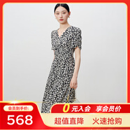 敦奴（DUNNU）dunnu敦奴2024夏新款顯瘦V領(lǐng)雪紡植物花卉印花連衣裙女 正黑色 XL