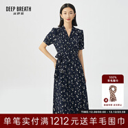 深呼吸DEEP BREATH女裝碎花洋裝泡泡袖系帶連衣裙【附腰帶】8500149 藏藍 S (2碼)