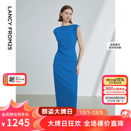 朗姿法式一字肩收腰抽褶設計感氣質(zhì)長(cháng)裙夏裝新款女禮服連衣裙 艦隊藍色2 M