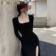 夏典素訂女王（SE.PSTP）素訂女王秋冬新款歐美百搭辣妹純欲風(fēng)緊身開(kāi)叉中長(cháng)裙性感方領(lǐng)長(cháng)袖 黑色連衣裙 S