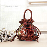 暢印 民族風(fēng)繡花手提包逛街買(mǎi)菜手拎小布包手機包中老年抽帶水桶包 茶色