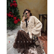 三吉黑花【扶光】新中式珠片刺繡絲絨冬季半身裙2025新款蕾絲網(wǎng)紗 紅咖 M