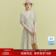 范思藍恩23FS12521茶歇法式雪紡碎花連衣裙女夏V領(lǐng)海邊度假長(cháng)裙子 米底黃花 XS