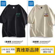真維斯（Jeanswest）美式印花純棉短袖t恤男春夏季ins寬松圓領(lǐng)上衣新款青年體衫 小標NICE笑臉黑色+小標字母記憶便簽卡其 2XL 185 建議165-190斤