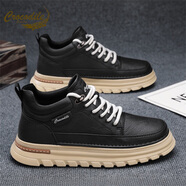 鱷魚(yú)恤高幫鞋男2025新款冬季厚底增高防滑休閑鞋厚底真皮防水男鞋 黑色 38