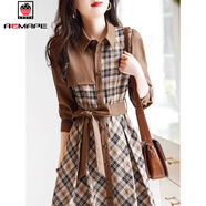 AEMAPE格子拼接A字傘裙2025春夏季新款翻領(lǐng)腰帶薄款時(shí)尚顯瘦通勤連衣裙 圖片色 L