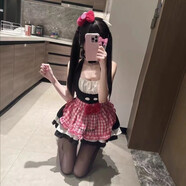 甜美女仆風(fēng)日系可愛(ài)少女COS 無(wú)袖拼接連衣裙收腰蓬蓬短裙裝 連衣裙三件套（連衣裙+圍裙+蝴蝶結） 均碼 80-115斤