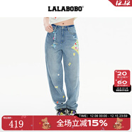 LALABOBO【商場(chǎng)同款】糖果熊純棉牛仔褲女裝2025新款寬松休閑褲RBEB-ZC16 中藍白 常規 24