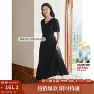 茵曼（INMAN）法式薄荷曼波連衣裙2024夏女裝新品V領(lǐng)燈籠袖抽繩 午夜黑 M