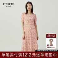 深呼吸DEEP BREATH女裝V領(lǐng)中長(cháng)高腰泡泡袖收腰碎花連衣裙A500197 米-紅花 M (3碼)