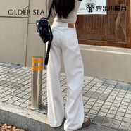 OLDER SEA白色闊腿牛仔褲女秋季2025年新款百搭高腰顯瘦寬松直筒白色褲子女 白色 XL 建議115-130斤