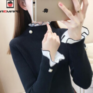 AEMAPE加絨厚加厚毛衣女外穿秋冬新款修身針織洋氣內搭上衣蕾絲打底衫 黑色 L 105-115斤