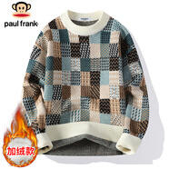 大嘴猴（paul frank）毛衣男士格子拼色針織衫男冬季保暖厚款毛線(xiàn)衣外套 米白加絨 2XL
