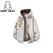 BOBBY ABLEY秋冬季高街美式印花加絨加厚連帽開(kāi)衫學(xué)院風(fēng)外套衛衣 【春秋款】W5023 白灰色 2XL  【建議135-150斤】