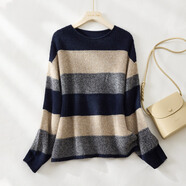 金菊【綿羊毛兔毛】2026新款秋冬條紋拼接時(shí)尚保暖毛衣女羊毛衫針織衫