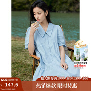 茵曼（INMAN）2025夏女新款田園娃娃裙切爾西領(lǐng)泡泡袖A字連衣裙 淺水藍 -18525990 M