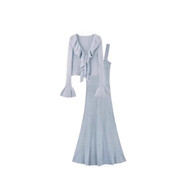 依樂(lè )琦秋冬套裝女溫柔風(fēng)喇叭袖邊毛衣開(kāi)衫針織連衣裙收腰顯瘦長(cháng)裙 兩件套 S