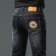 MARCO AZZALI高端品牌懷舊色牛仔褲男秋冬季歐洲站潮牌小直筒褲子加絨加厚長(cháng)褲 黑灰色 33 建議140-150斤