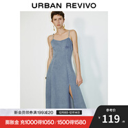 UR2025春季新款女裝復古V領(lǐng)開(kāi)衩吊帶牛仔連衣裙UWM850055 藍色 XS