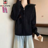 AEMAPE設計感灰色翻領(lǐng)拉鏈毛衣外套女2026秋冬新款寬松加厚開(kāi)衫針織衫女 黑色 3XL 131-140