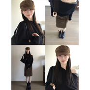 妮熙亞XIAY韓系老錢(qián)調撞色斜肩拼接長(cháng)袖針織衫秋冬季寬松露肩慵懶蝙蝠袖 黑色【版】 L 【105-115斤】